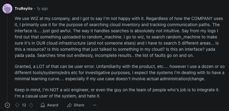 A reddit post describing a User's Wiz experience along with 2 digit upvotes
